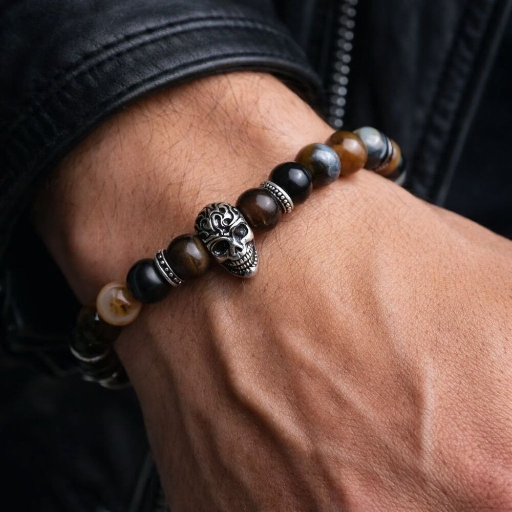 Men’s Agate Bead Skull Bracelet | Gothic Stretch Bracelet